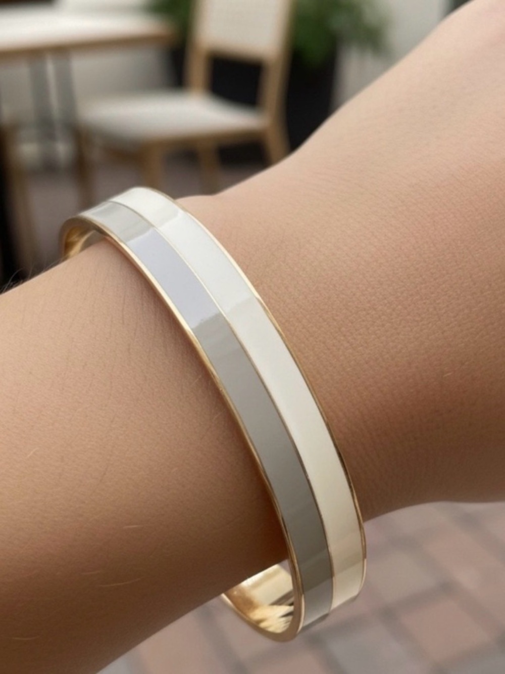 Bangle Bracelet Gray White Block Stripe with Gold Tone Accent